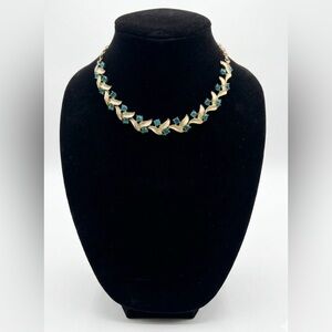 Vintage Gold Tone Leaf-Link Necklace with Teal Stones